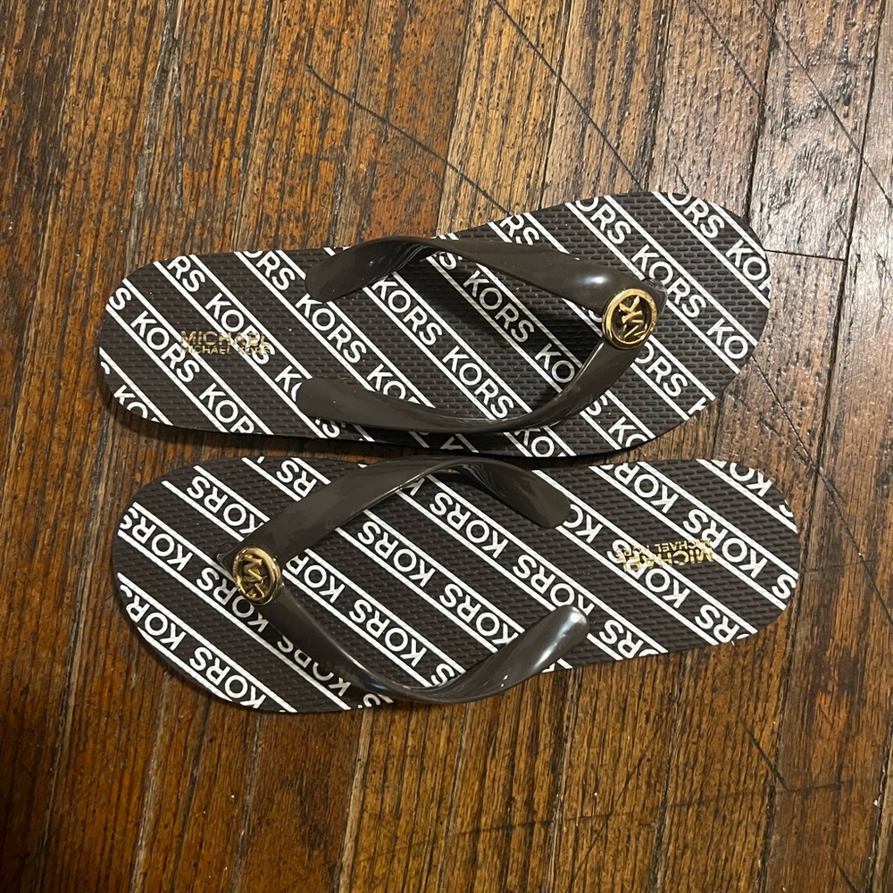 Michael Kors Brown and White Logo Flip-Flops